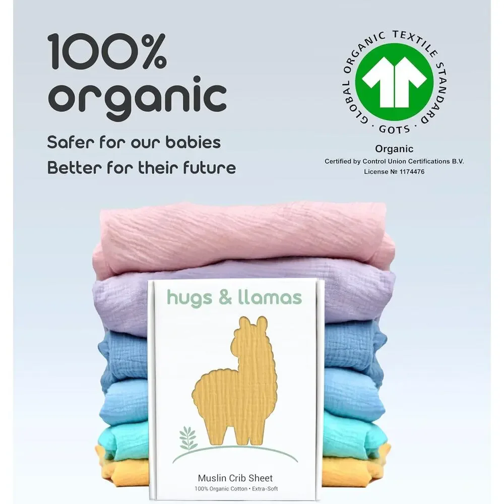 Hugs & Llamas 100% Organic Cotton Muslin Fitted Crib Sheet, Peach Sorbet